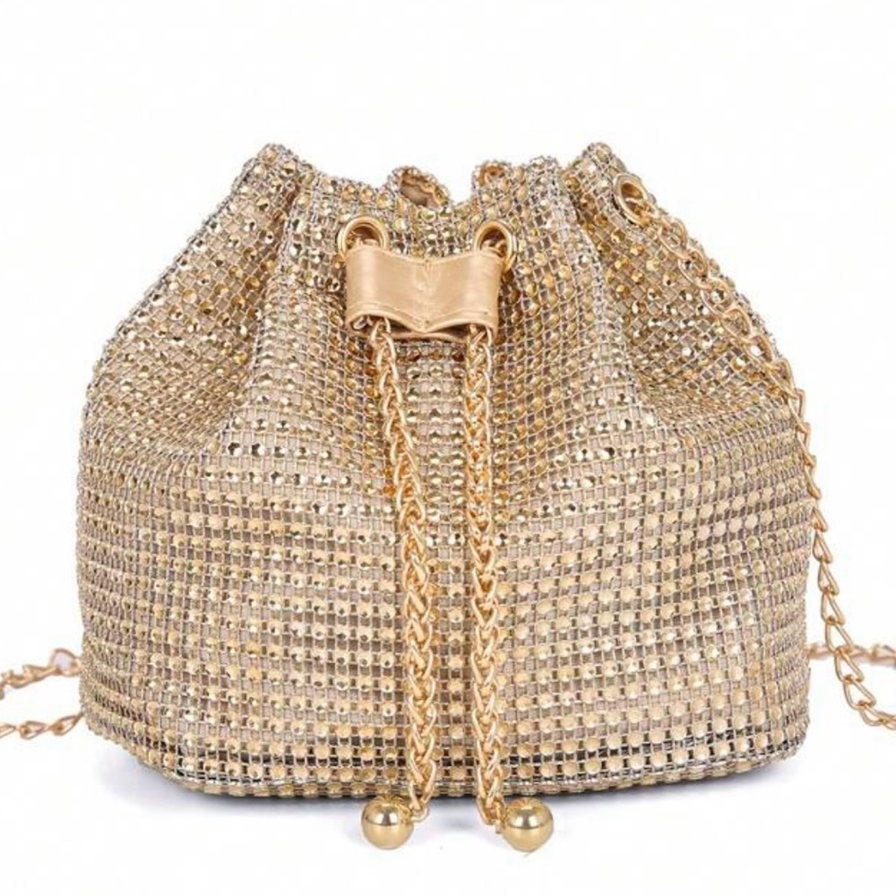 New Elegant Gold Chain Rhinestone Drawstring Bag. Fits phone,wallet & more.